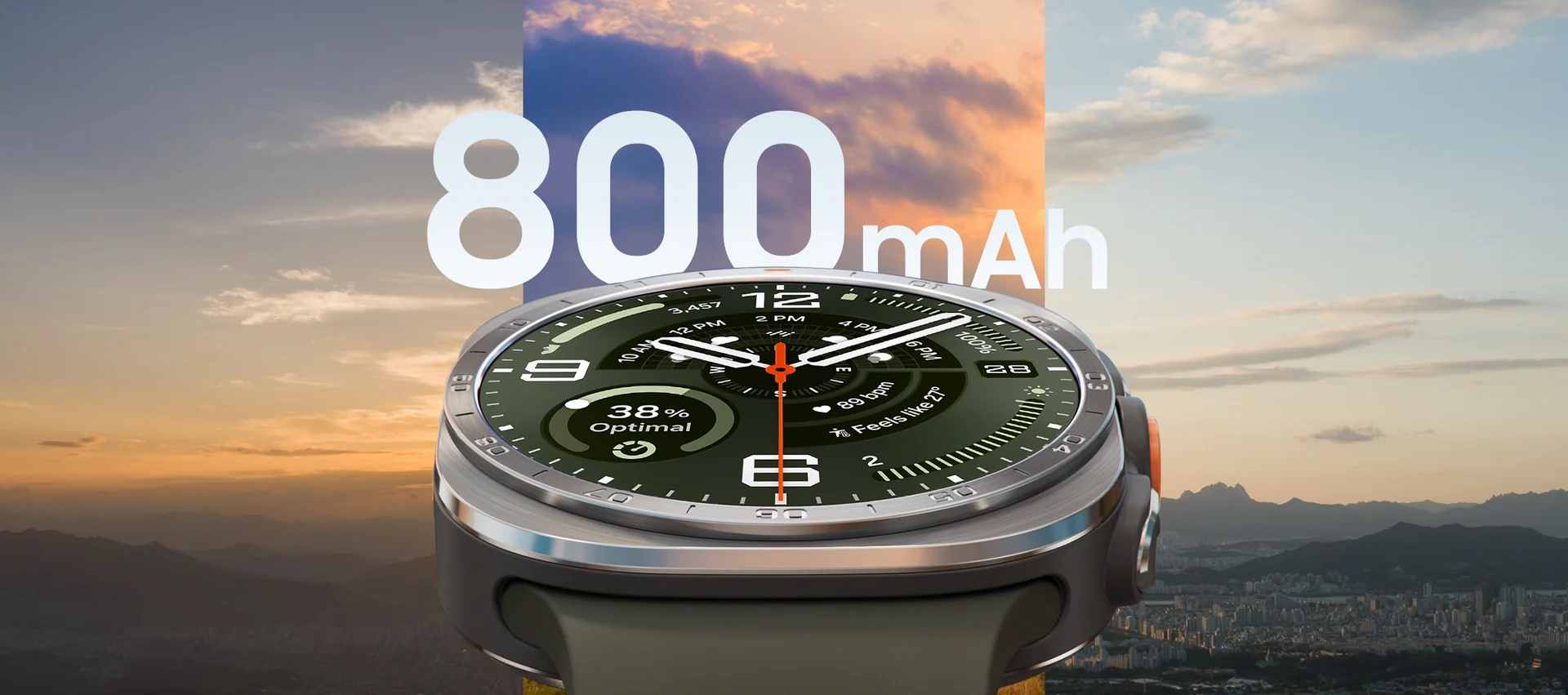 800mAh 문구와 갤럭시워치 울트라2를 함께 보여주는 삼성 공식 배터리 이미지