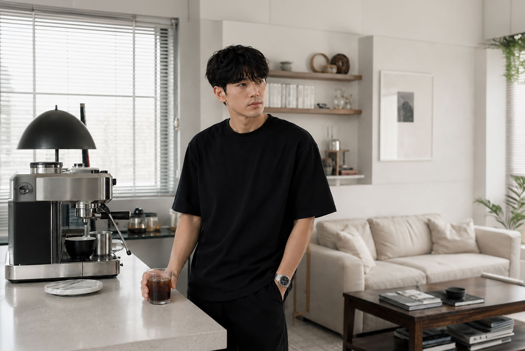 블랙 티셔츠와 쇼츠 차림으로 아이스커피를 든 남성이 N42 메탈 스트랩을 착용한 모습