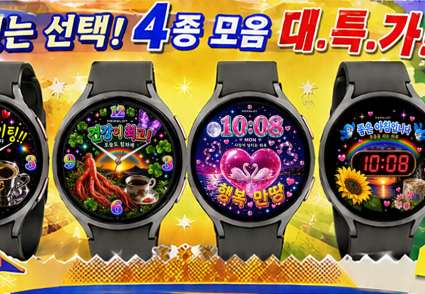 네 가지 키치 워치페이스를 적용한 실버 Galaxy Watch7 컬렉션