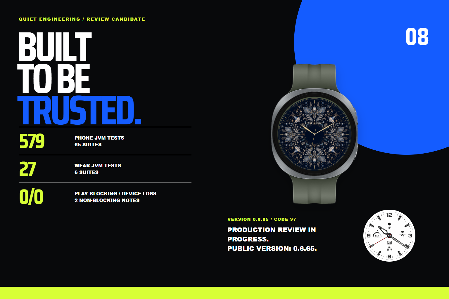 PERSLOT App 0.6.85의 Phone 579개와 Wear 27개 JVM 단위 테스트, Play 차단 오류 및 지원 기기 감소 0, 비차단 경고 2건, Google Play 프로덕션 검토 상태