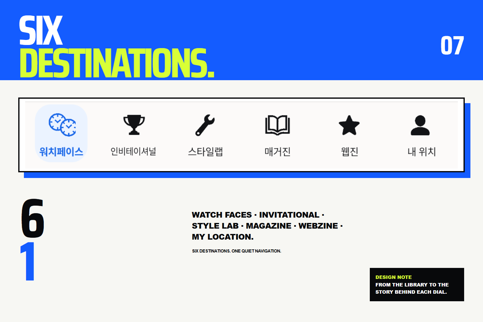 워치페이스 인비테이셔널 스타일랩 매거진 웹진 내 위치의 정확한 여섯 메뉴와 Design Note 연결