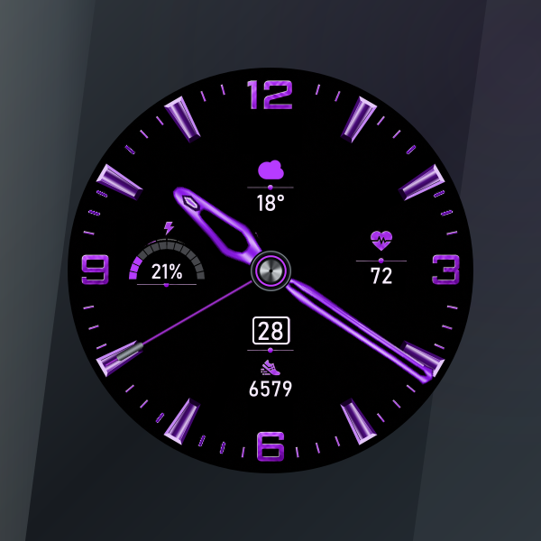 PERSLOT Precision Aviation Imperial Violet 워치페이스 — 보랏빛 관통형 메탈 바늘과 입체적인 시간 표식