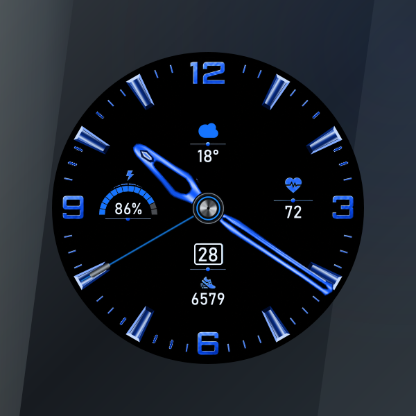 PERSLOT Precision Aviation Sapphire Cobalt 워치페이스 — 관통형 메탈 시침과 분침, 입체적인 인덱스와 계기판형 정보 구성