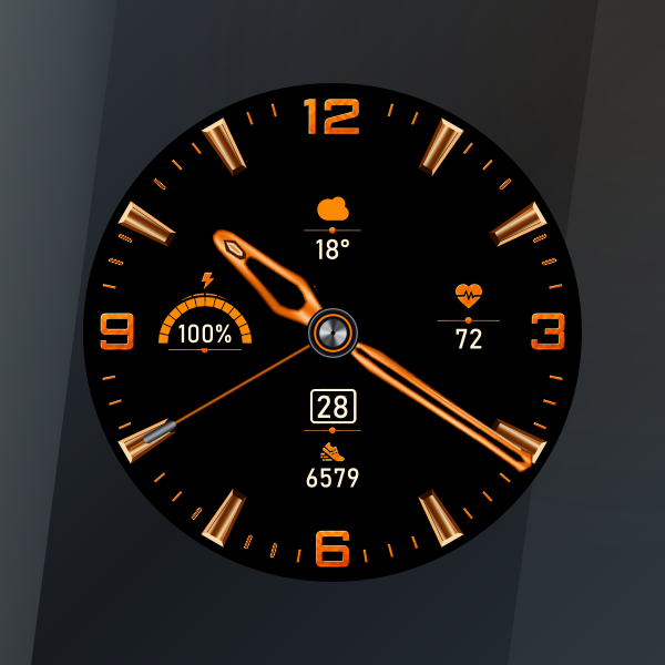 PERSLOT Precision Aviation Solar Orange 워치페이스 — 따뜻한 오렌지빛 메탈 프레임과 블랙 다이얼의 대비