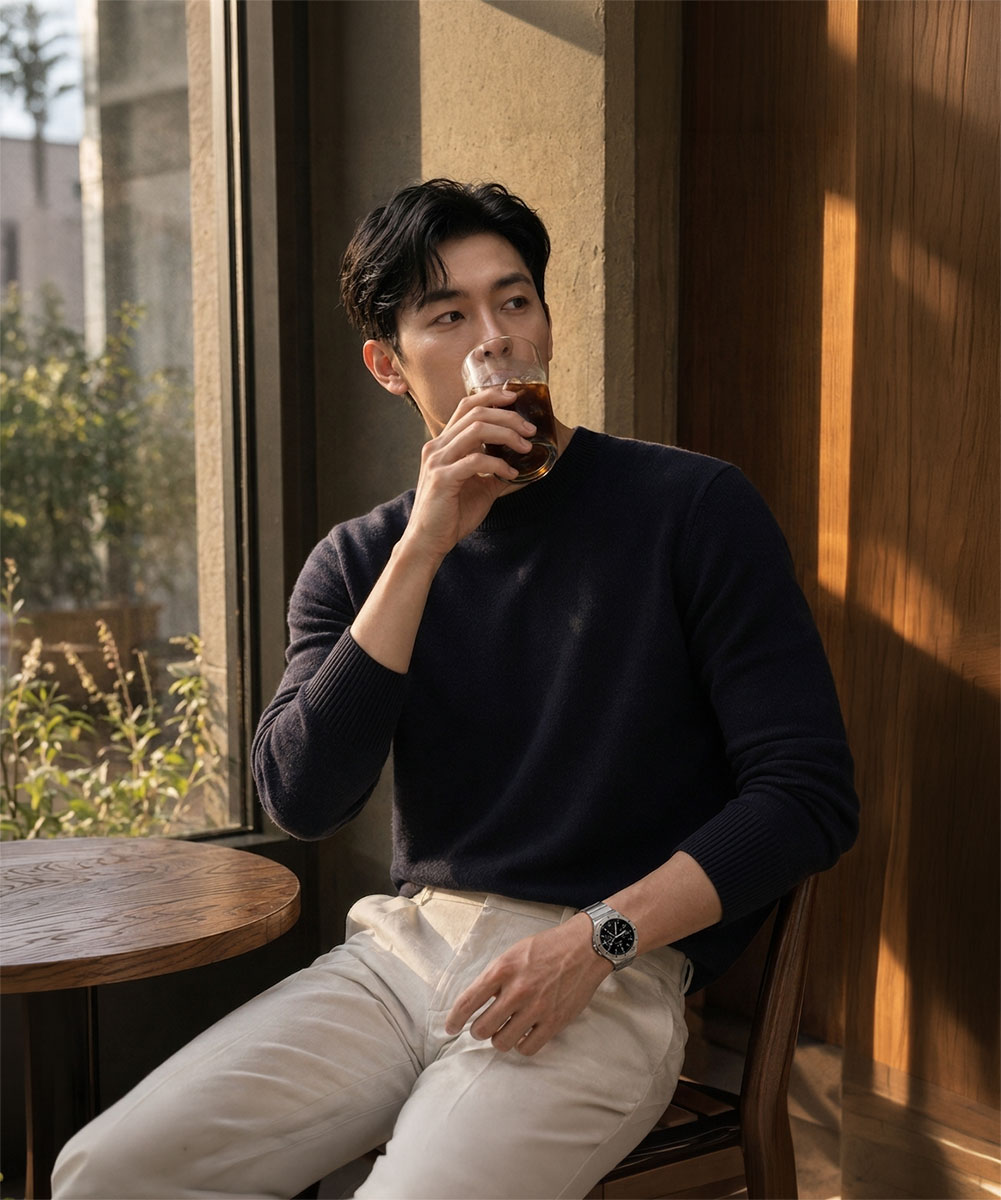 카페 창가에서 음료를 마시며 N42 링크 브레이슬릿 스트랩을 착용한 남성