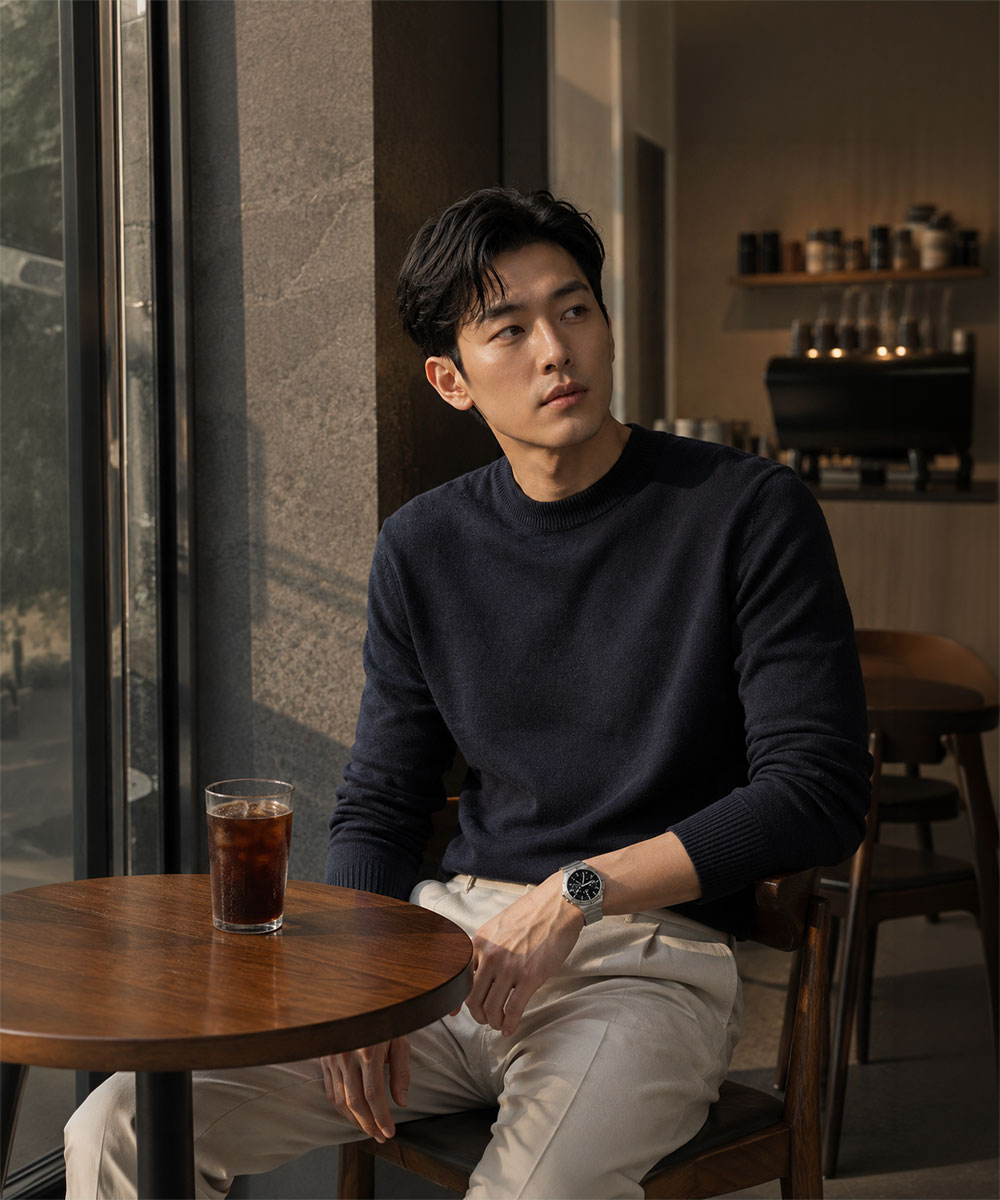 카페 테이블에 앉아 아이스커피와 함께 N42 메탈 스트랩을 착용한 남성