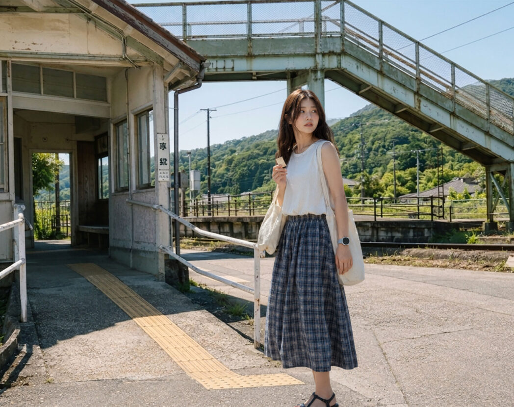 오래된 철제 육교 아래 작은 역에 선 여성과 칸타빌레 밀레니즈 메쉬 실버 스트랩
