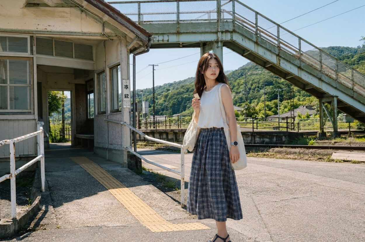 오래된 철제 육교 아래 작은 역에 선 여성과 칸타빌레 밀레니즈 메쉬 실버 스트랩