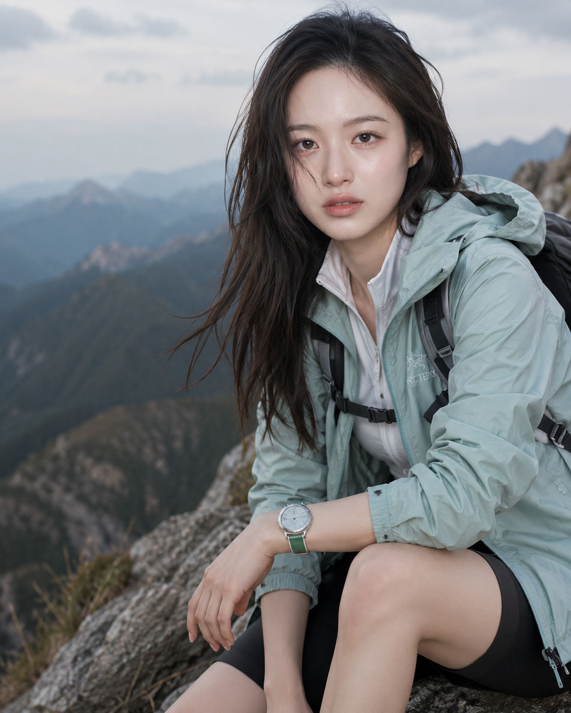 산 정상에서 필드라인 스포츠 밴드 그린과 민트 윈드브레이커를 착용한 모델