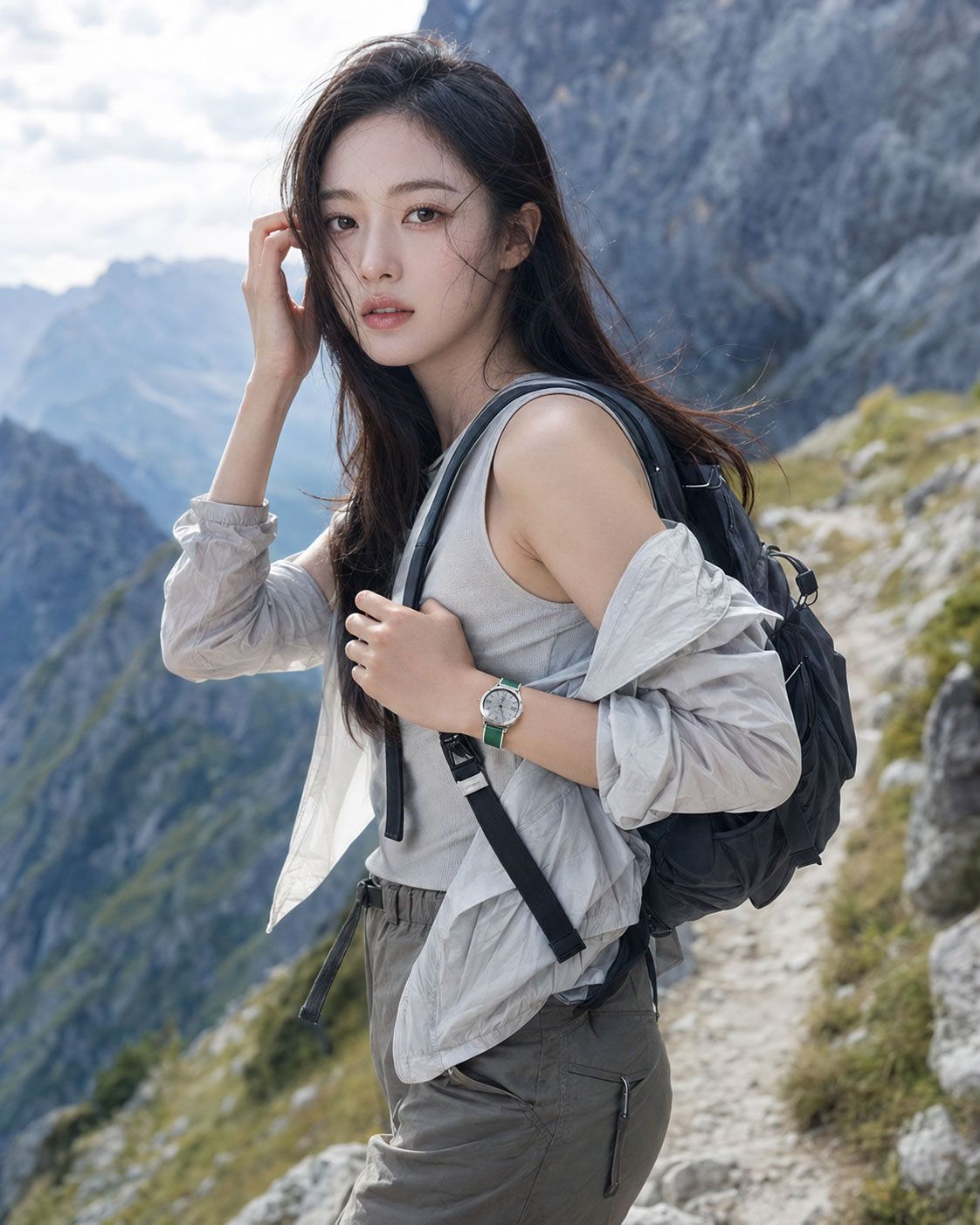 능선에서 백팩과 그린 스포츠 밴드를 매치한 하이커