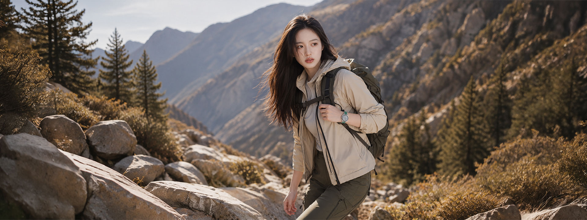 노을빛 산길을 걷는 하이커와 그린 스포츠 밴드