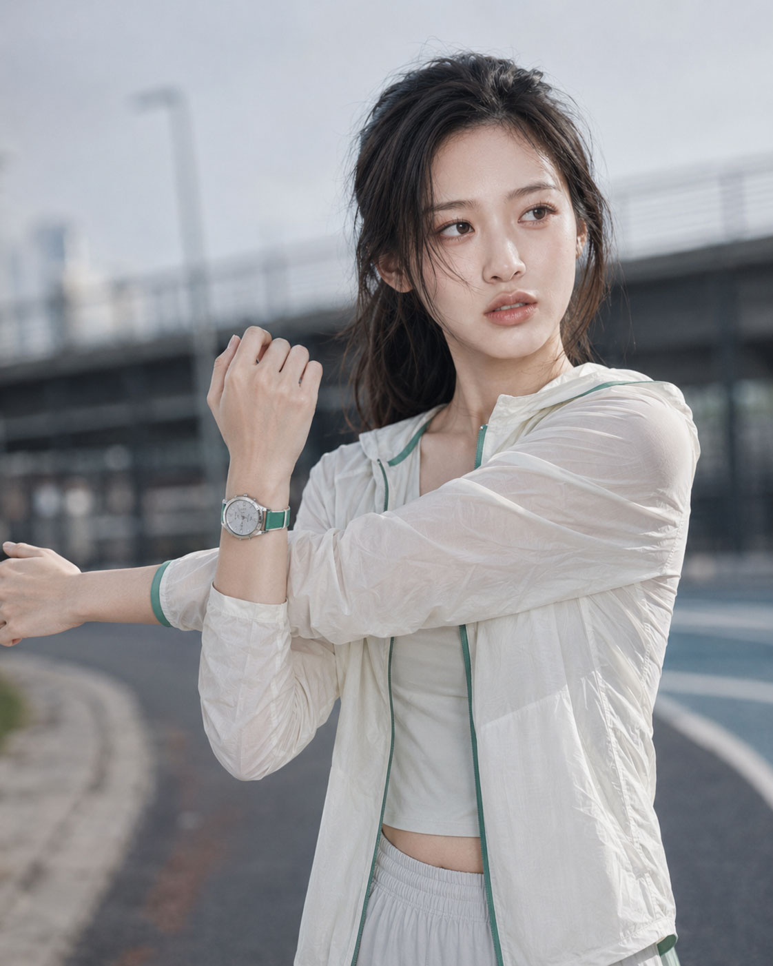 도심 트랙에서 그린 스포츠 밴드를 착용하고 스트레칭하는 모델