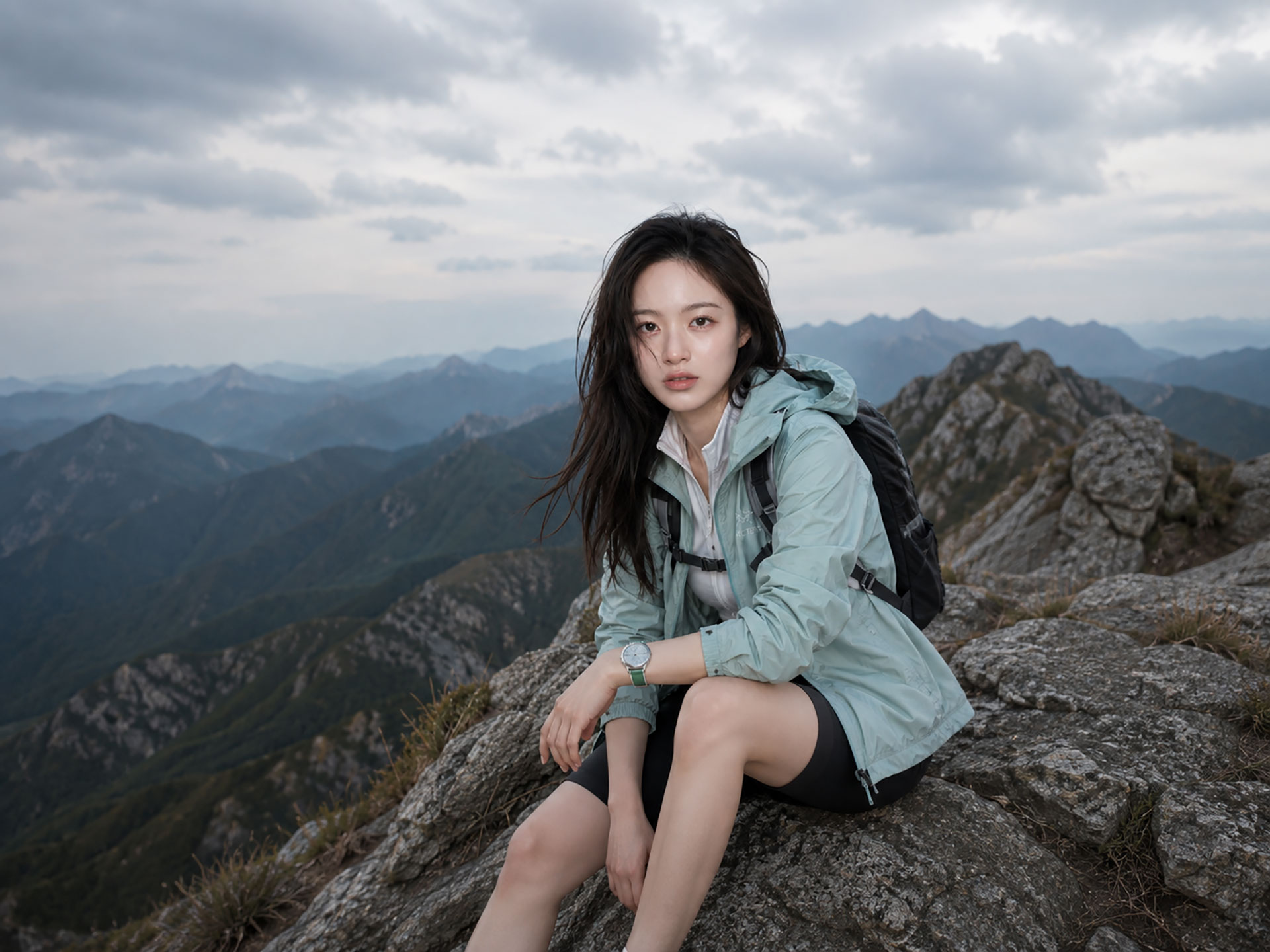 산 정상에서 필드라인 스포츠 밴드 그린을 착용하고 앉아 있는 하이커