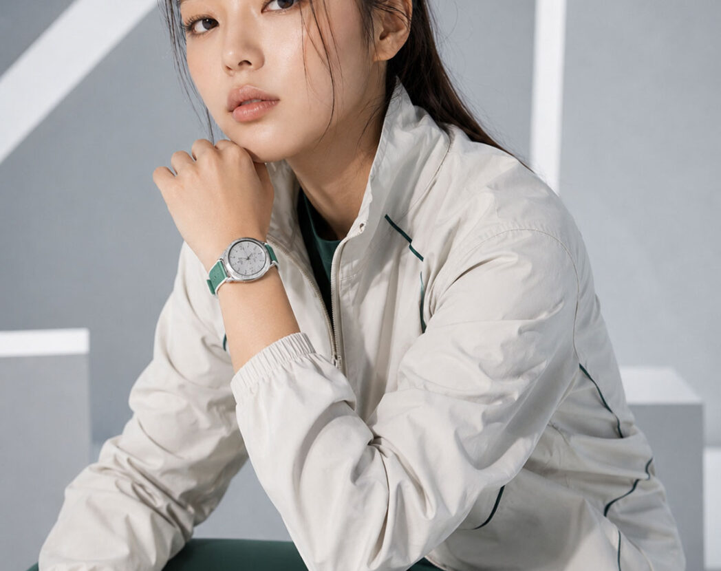 화이트 윈드브레이커와 그린 필드라인 스포츠 밴드를 착용한 모델