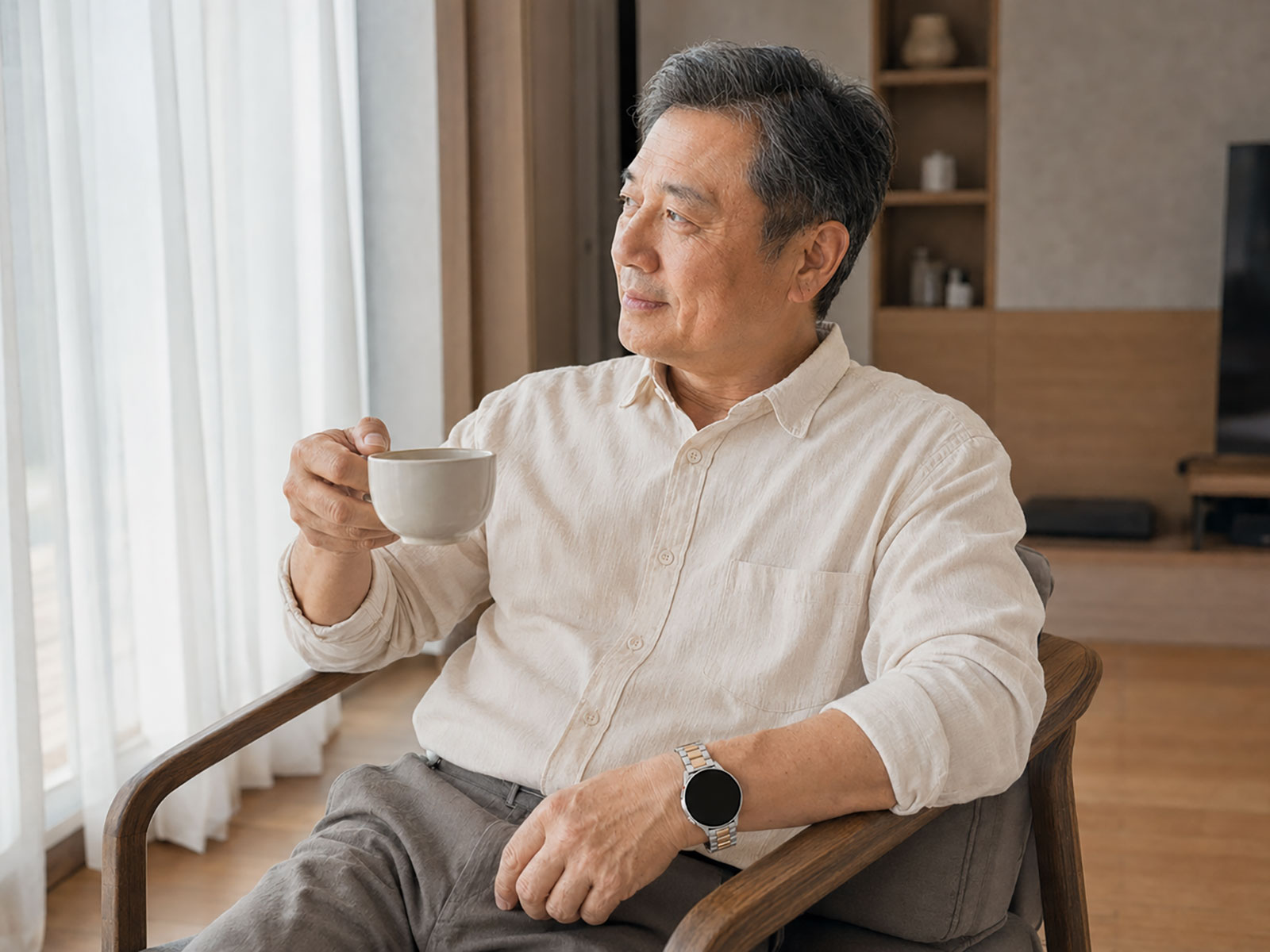 안락의자에 앉아 컵을 들고 창밖을 바라보는 아빠와 투톤 메탈 스트랩