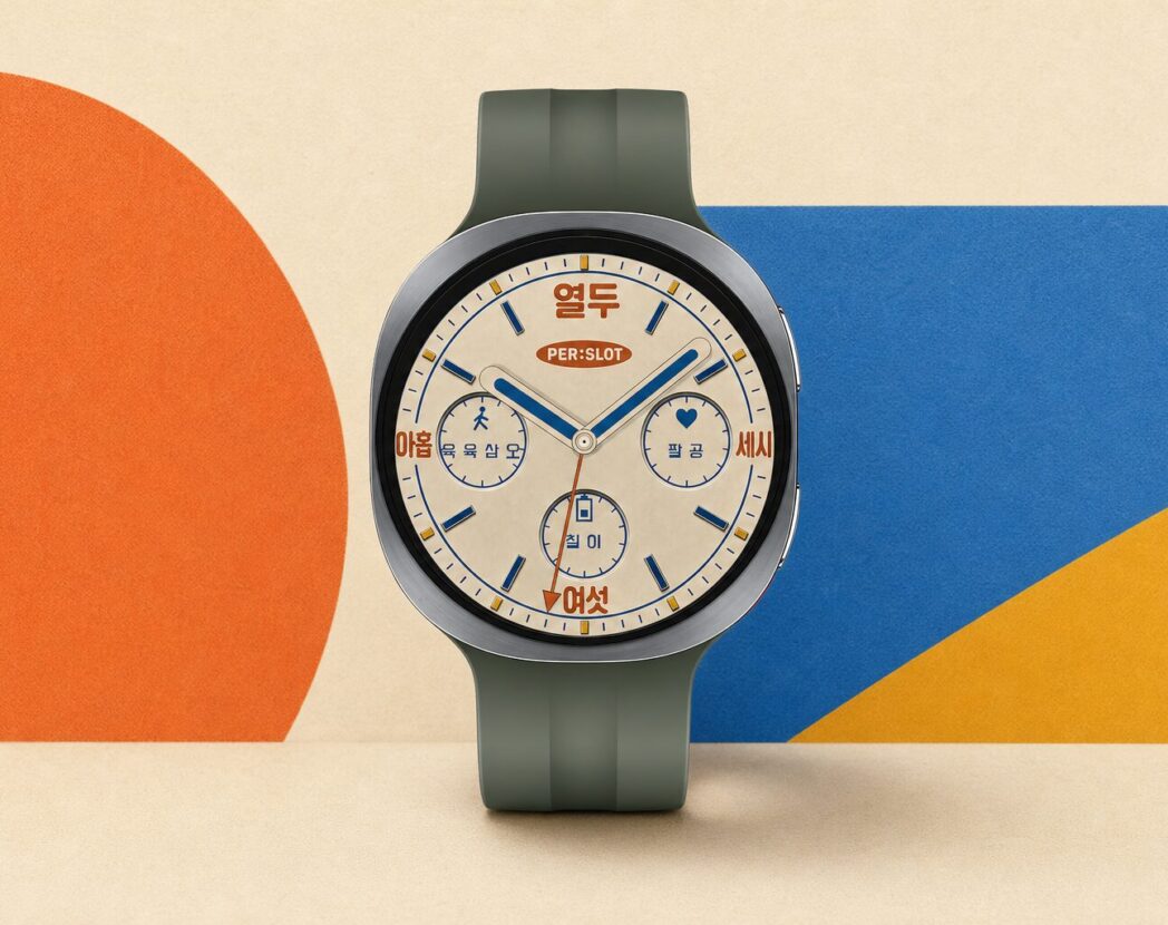 실버 Galaxy Watch9 44mm에 크림·파랑·주황의 한글 레트로 와-치 워치페이스를 적용한 정면 제품 이미지