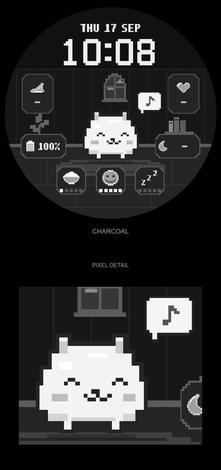차콜 색상의 PERSLOT Pixel Pet 전체 화면과 픽셀 캐릭터 확대