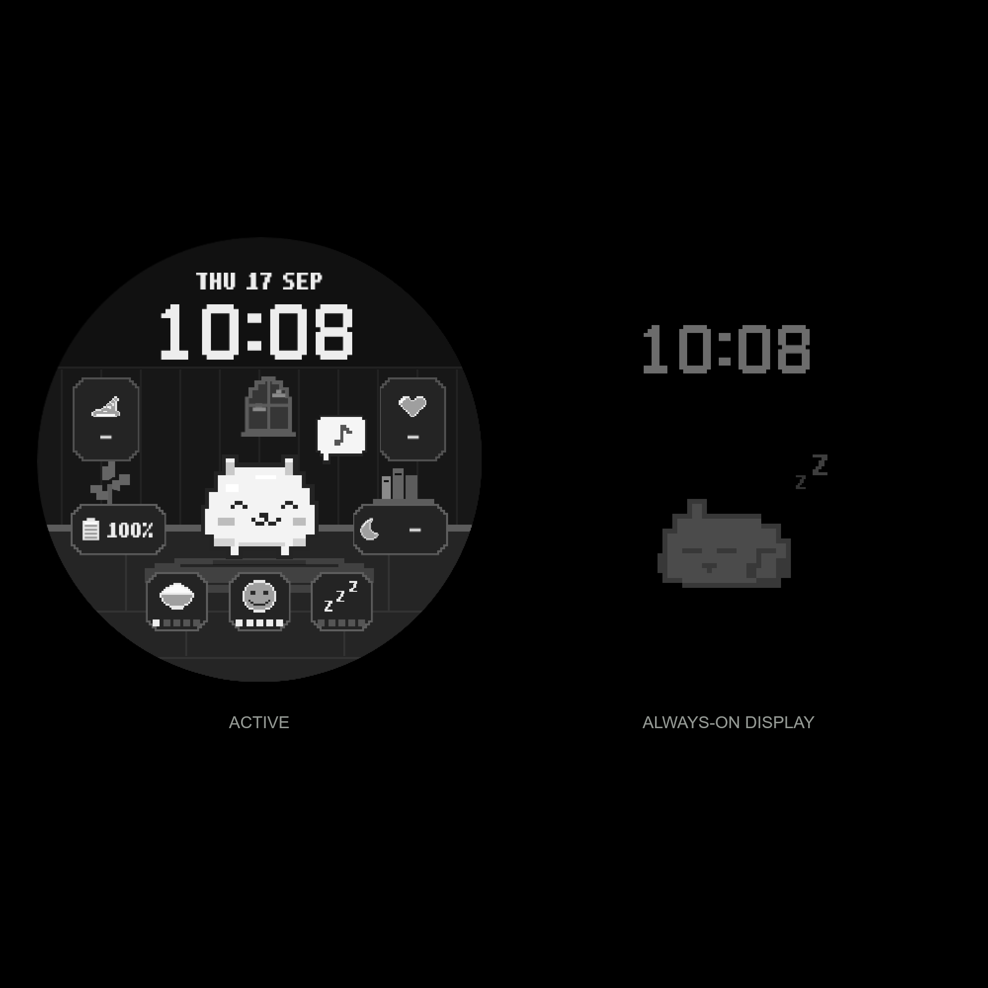 PERSLOT Pixel Pet Active 화면과 시간·잠든 펫만 남긴 AOD 비교