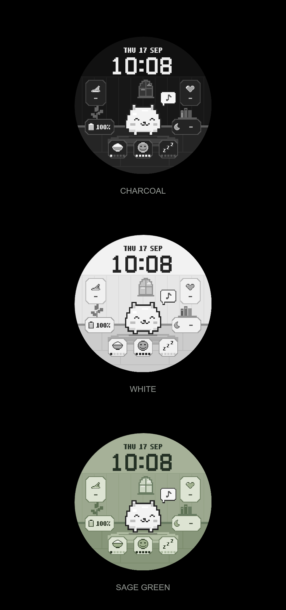 차콜·화이트·세이지 그린으로 이어지는 Pixel Pet 화면