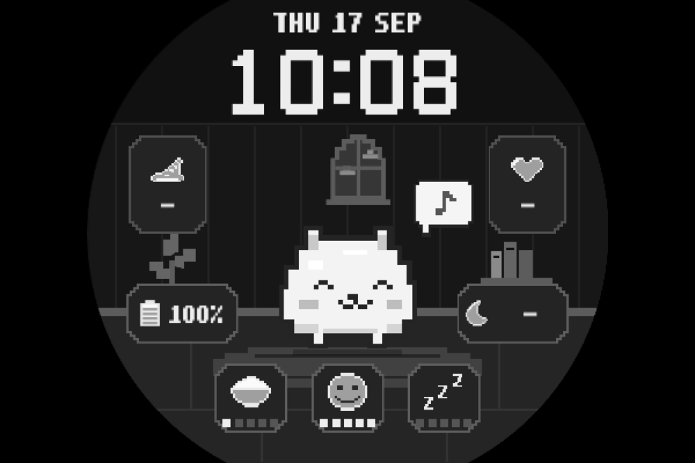 차콜 색상의 PERSLOT Pixel Pet 원형 워치페이스