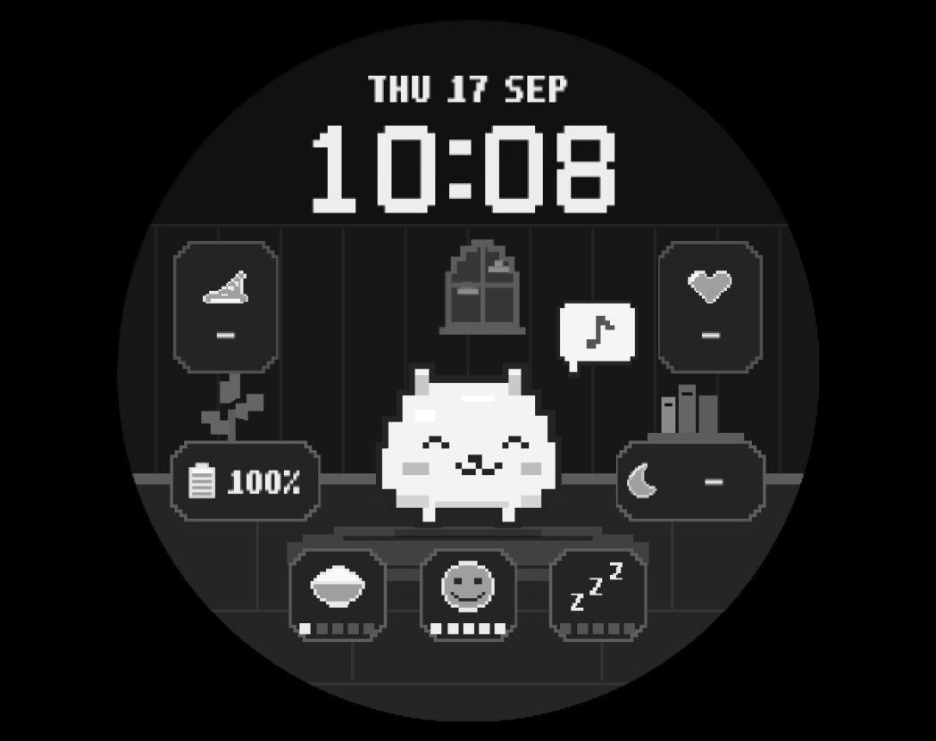 차콜 색상의 PERSLOT Pixel Pet 원형 워치페이스