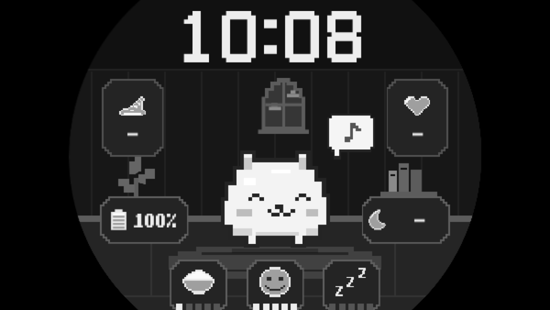 차콜 색상의 PERSLOT Pixel Pet 원형 워치페이스