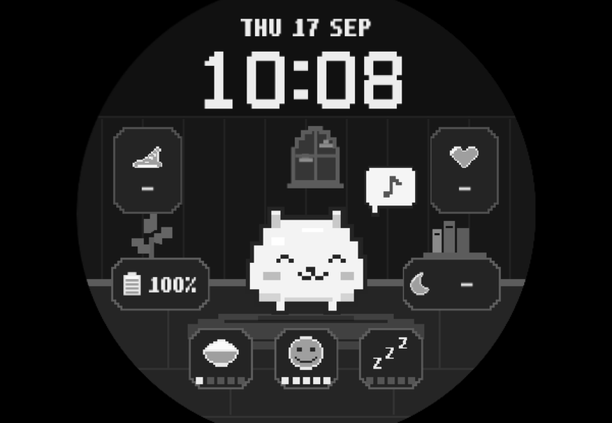 차콜 색상의 PERSLOT Pixel Pet 원형 워치페이스