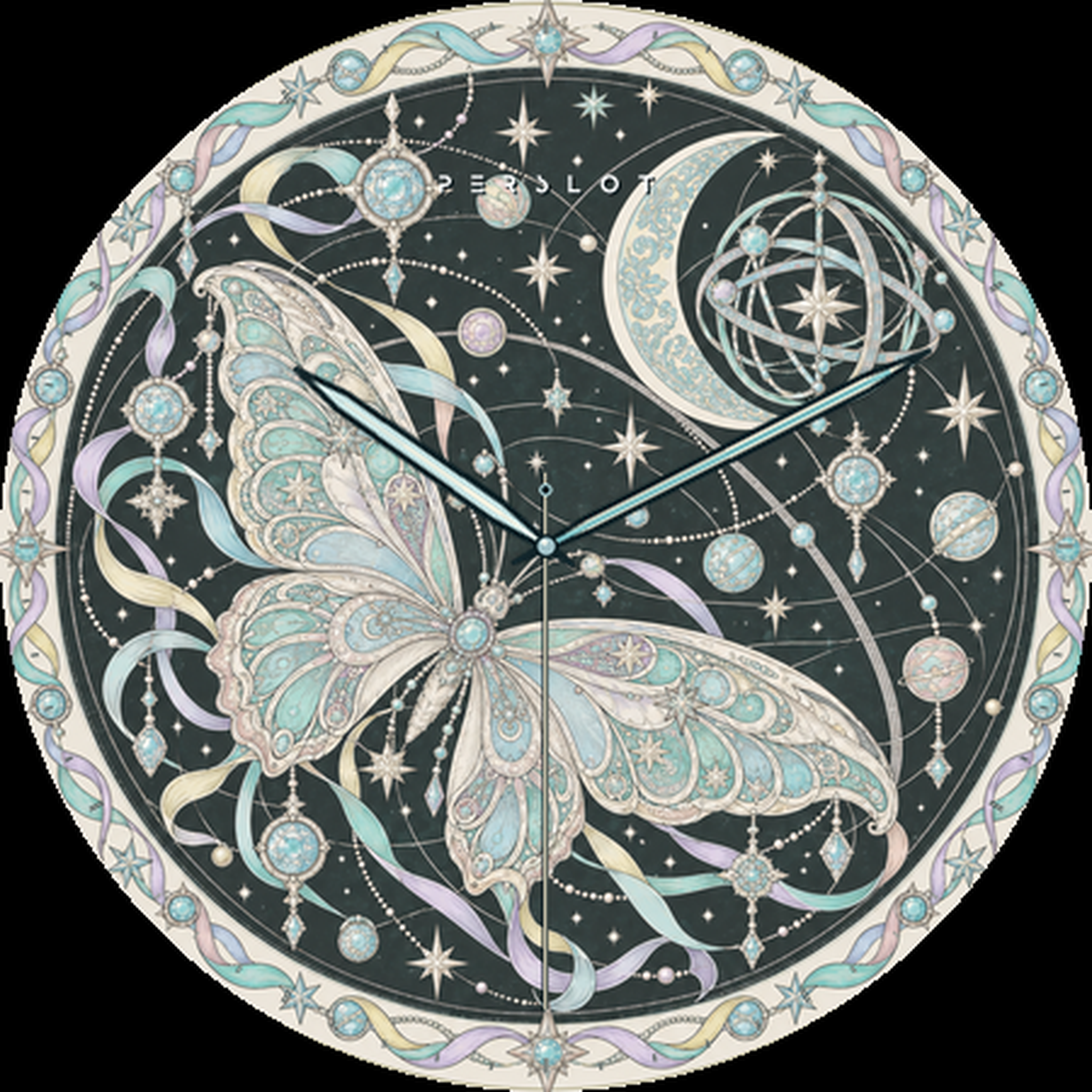 차콜빛 배경에 민트와 라벤더 날개를 펼친 Celestial Reverie 나비 옵션