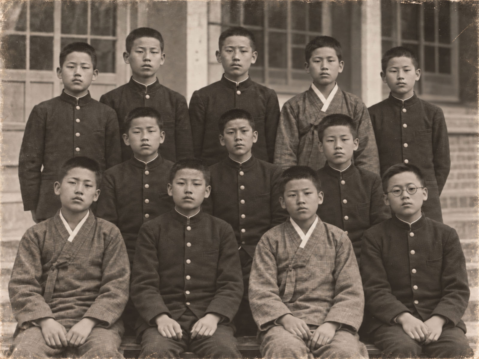 교복을 입고 줄지어 선 학생들의 모습으로 재구성한 윤봉길 의사의 보통학교 시절. 실제 단체사진은 아니다.