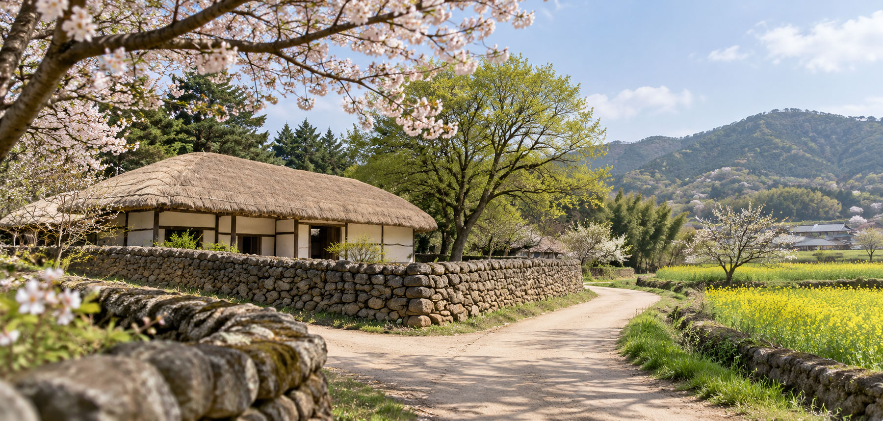 봄꽃이 핀 나무와 초가집, 돌담길이 어우러진 예산 시량리 고향 풍경의 재구성 이미지.
