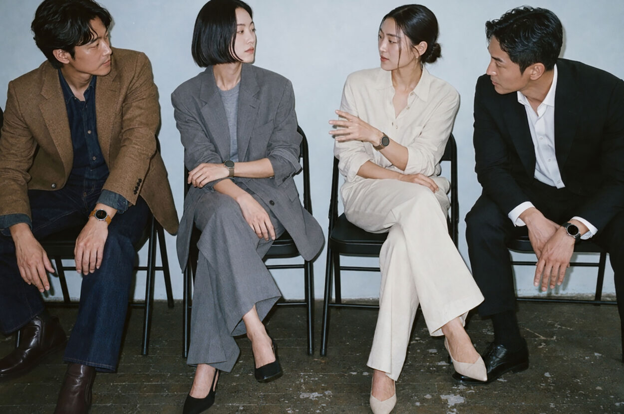 퍼슬롯 데이라인 비건 레더 스트랩을 착용한 네 명의 모델 스타일에디트 히어로 이미지