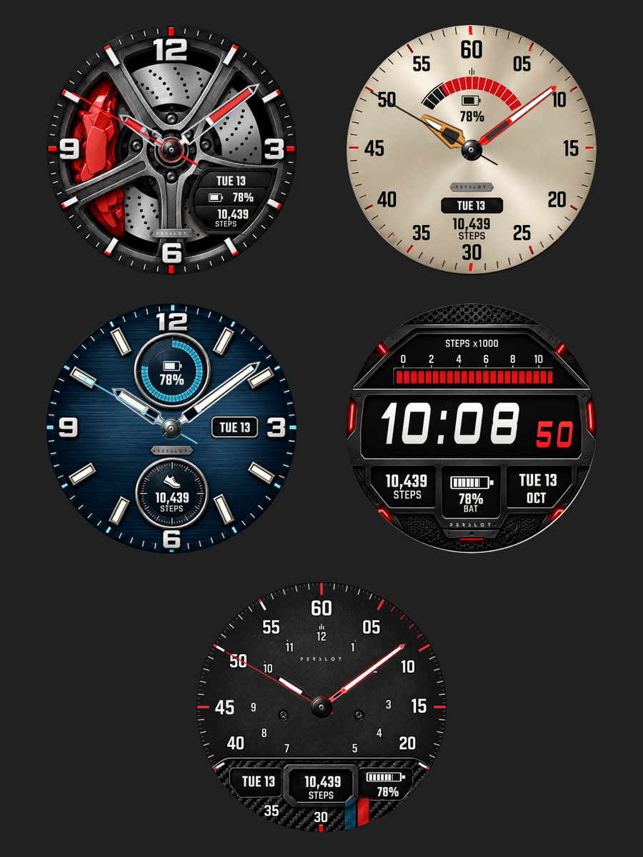 PERSLOT REDLINE DRIVE 다섯 디자인 — 위에서부터 왼쪽과 오른쪽 순서로 Forged Rotor, Champagne Gauge, Sapphire Chrono, Race Telemetry, 맨 아래 Carbon Redline