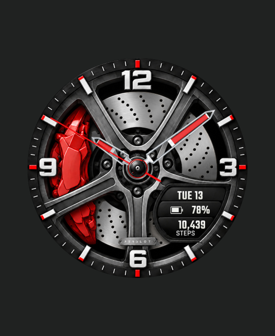 REDLINE DRIVE의 Forged Rotor 확대 화면 — 밝은 바늘 프레임과 붉은 인레이, 다이얼의 계기판 구성을 보여 주는 디자인 디테일