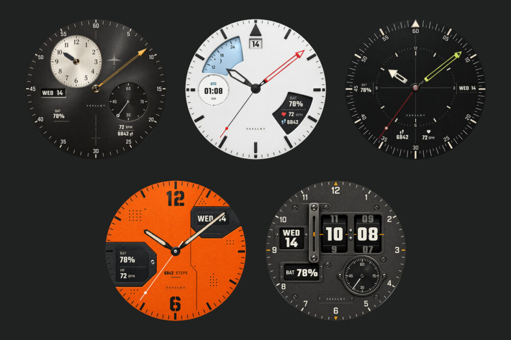 PERSLOT PILOT WATCHFACE 파일럿 워치페이스 다섯 디자인 — 윗줄 ZULU REGULATOR, POLAR FLIGHT, RADIO VECTOR와 아랫줄 BLACK BOX, CABIN DRUM