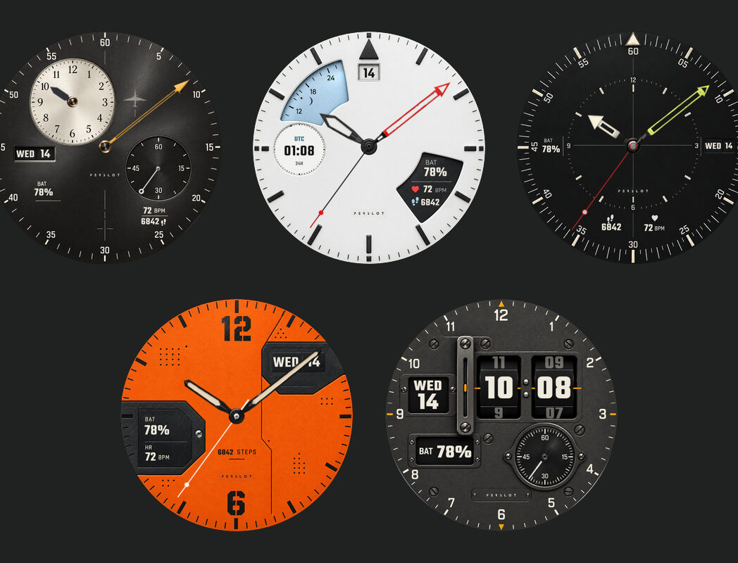 PERSLOT PILOT WATCHFACE 파일럿 워치페이스 다섯 디자인 — 윗줄 ZULU REGULATOR, POLAR FLIGHT, RADIO VECTOR와 아랫줄 BLACK BOX, CABIN DRUM