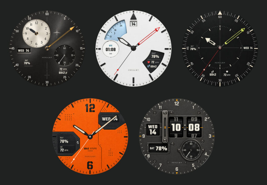 PERSLOT PILOT WATCHFACE 파일럿 워치페이스 다섯 디자인 — 윗줄 ZULU REGULATOR, POLAR FLIGHT, RADIO VECTOR와 아랫줄 BLACK BOX, CABIN DRUM