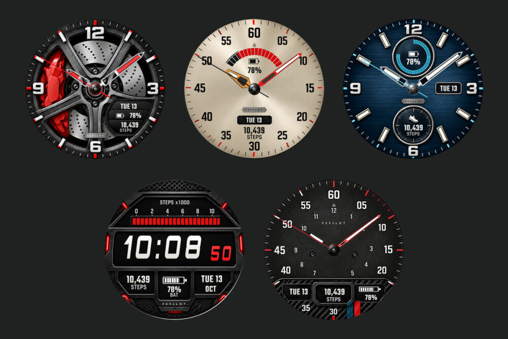 PERSLOT REDLINE DRIVE 다섯 디자인 모음 — 윗줄 Forged Rotor, Champagne Gauge, Sapphire Chrono와 아랫줄 Race Telemetry, Carbon Redline