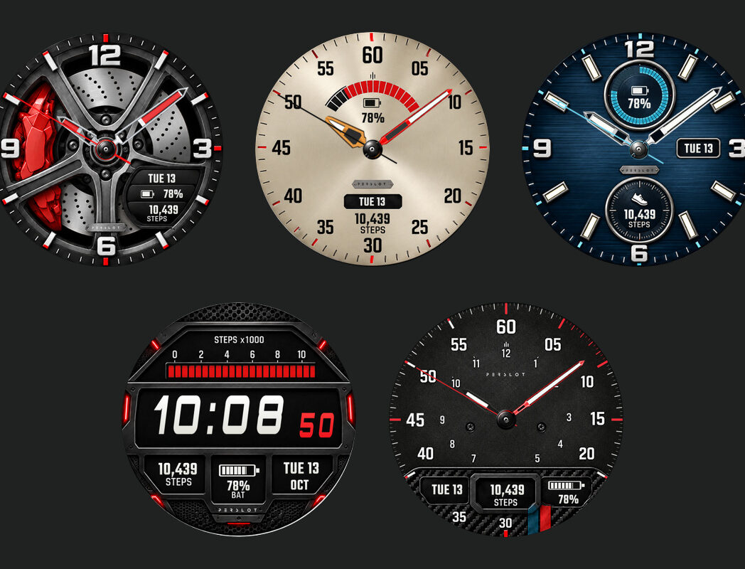PERSLOT REDLINE DRIVE 다섯 디자인 모음 — 윗줄 Forged Rotor, Champagne Gauge, Sapphire Chrono와 아랫줄 Race Telemetry, Carbon Redline